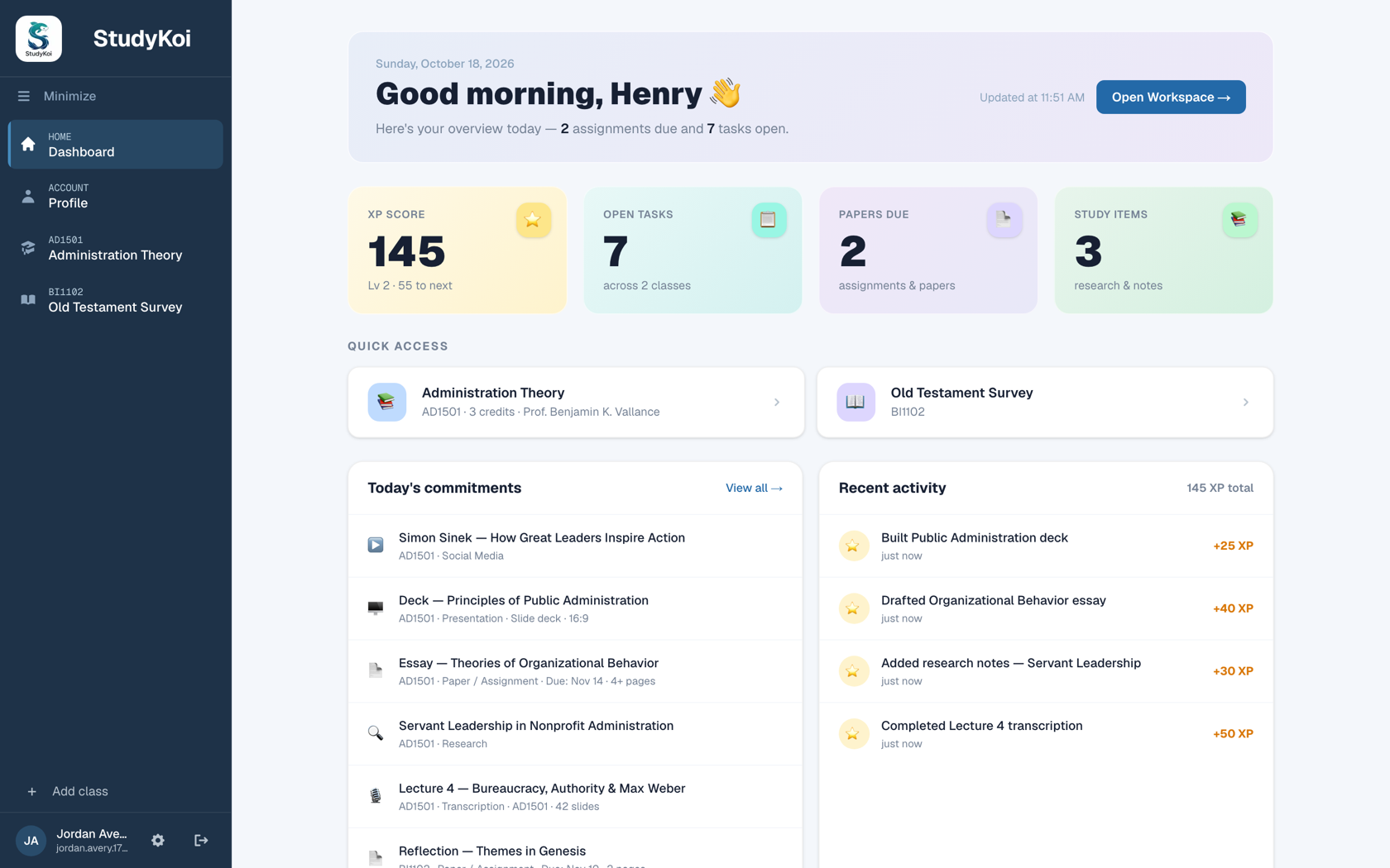 StudyKoi dashboard — the real app